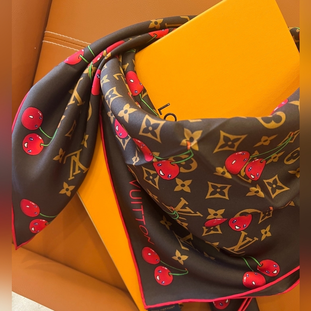 Cherry Print Scarf in Brown and Red - Picture 3 of 10
